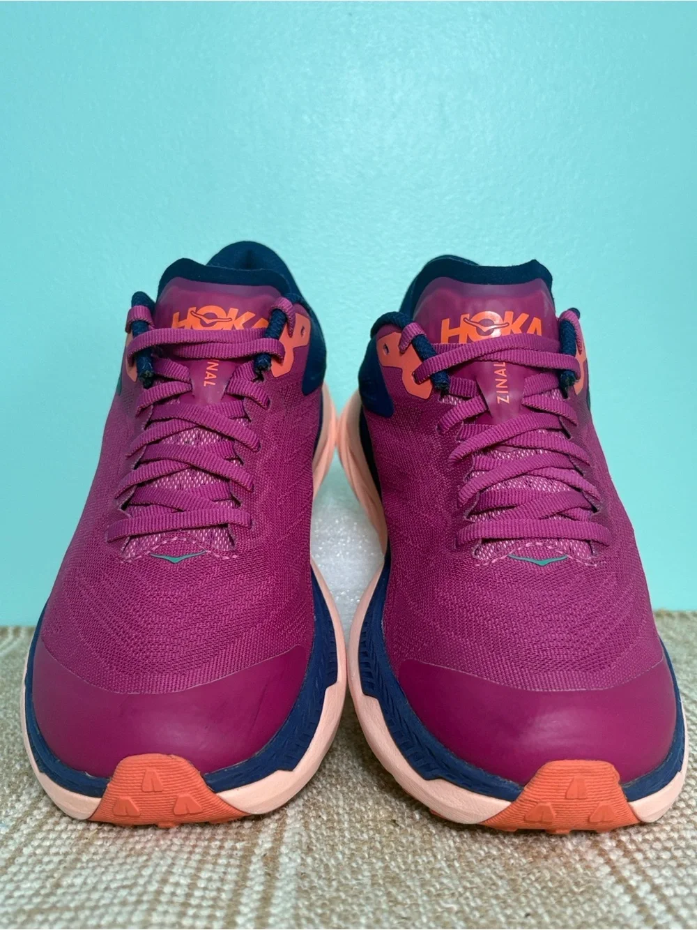 Hoka Women's Zinal Trail Running Shoe. Fuchsia/Navy Blue/Orange Accents. Size-7